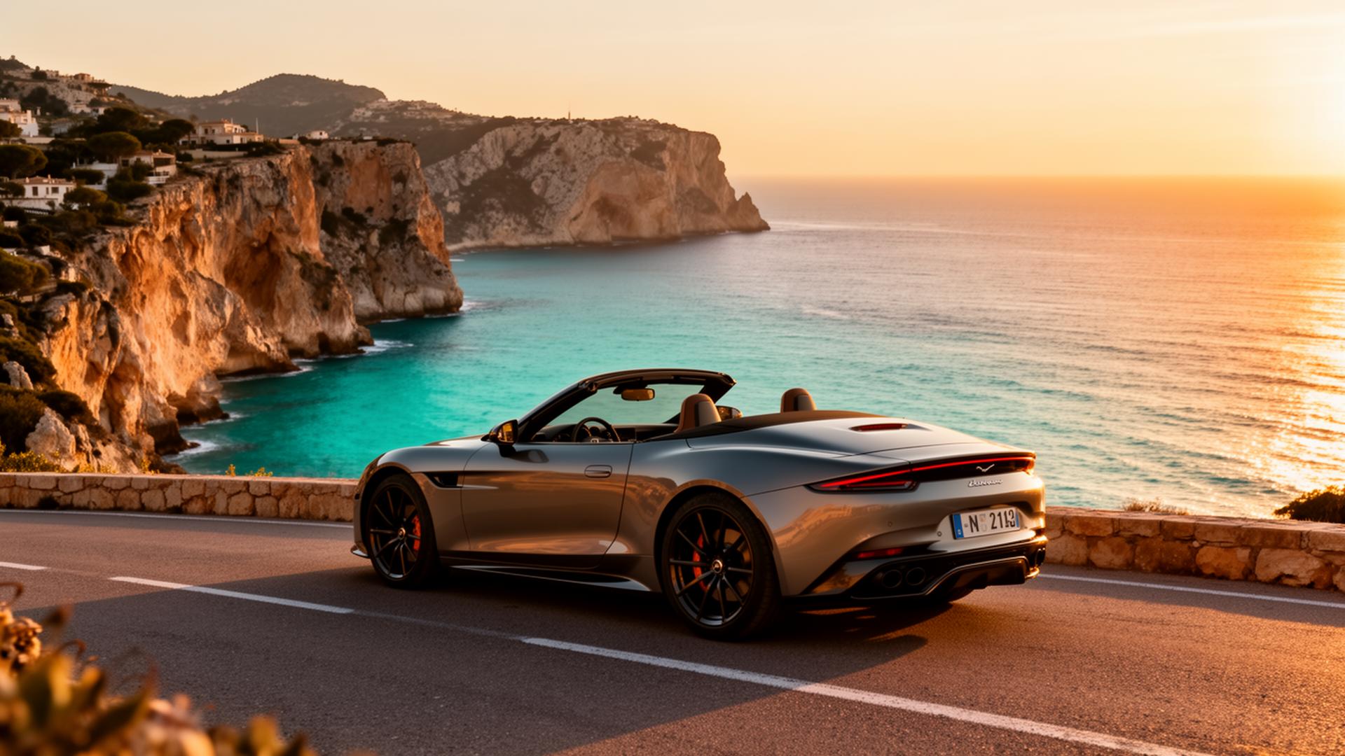 Luxury convertible on a Mallorca coastal road at sunset
